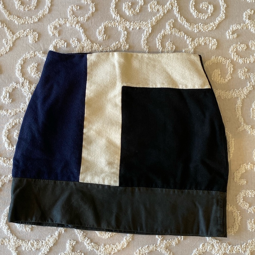 Zara | Wool Blend Lamb Leather Mini Skirt |Geometric, Black, Navy and White